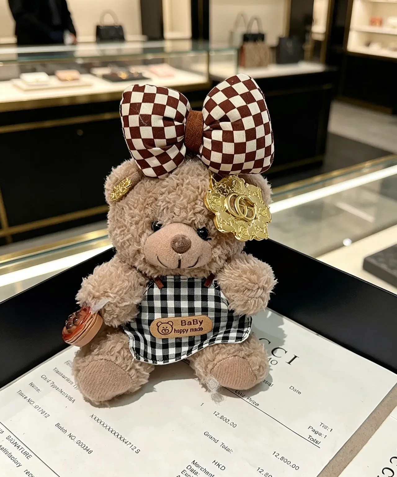 Gucci Beige Brown Plush Teddy Bear Gingham Bow Handbag 3