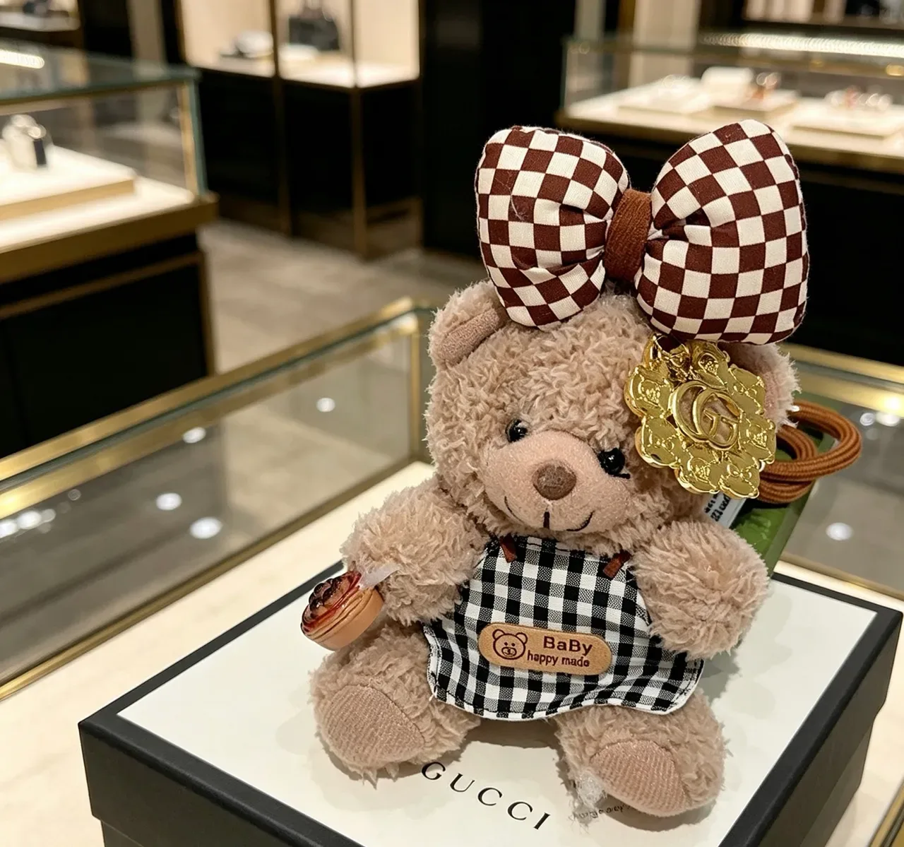 Gucci Beige Brown Plush Teddy Bear Gingham Bow Handbag 4