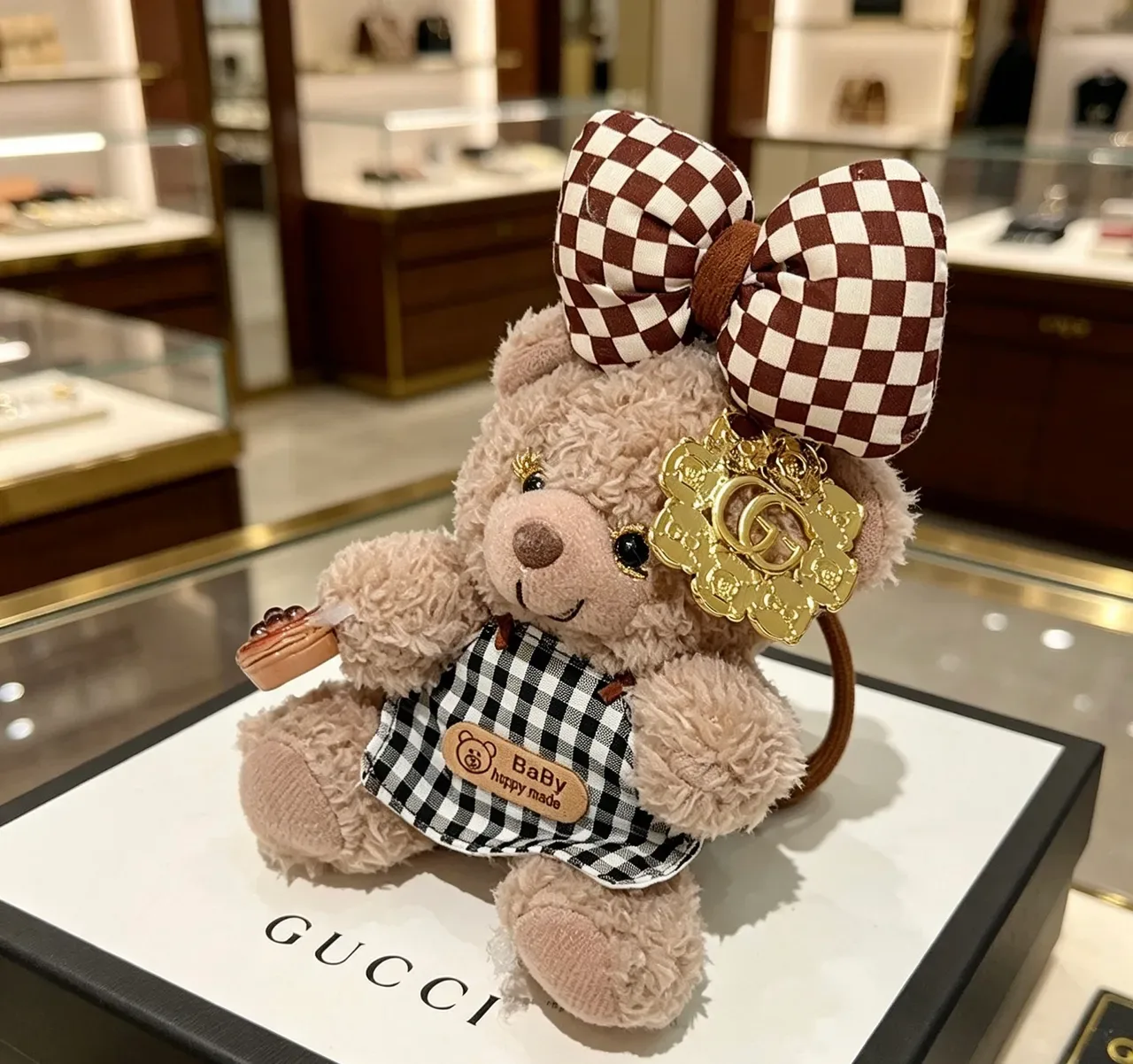 Gucci Beige Brown Plush Teddy Bear Gingham Bow Handbag 5