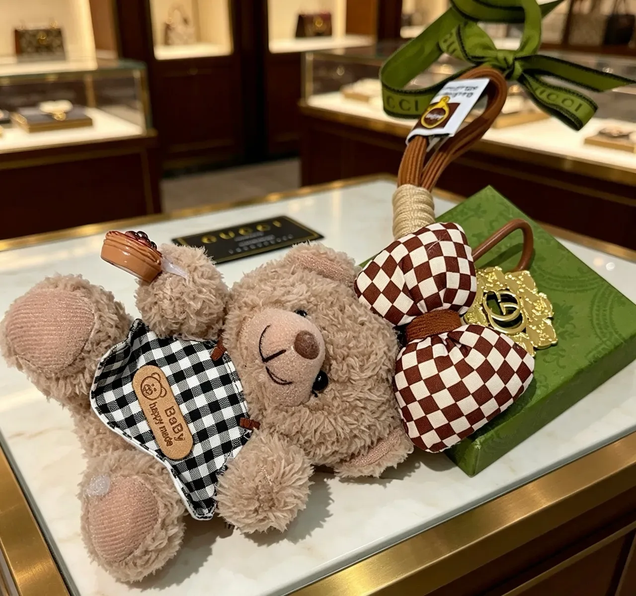 Gucci Beige Brown Plush Teddy Bear Gingham Bow Handbag 6