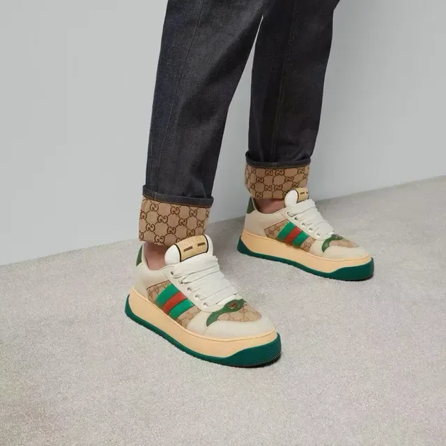 Gucci Beige Green Platform Sole GG Monogram Canvas Lifestyle Sneakers 4