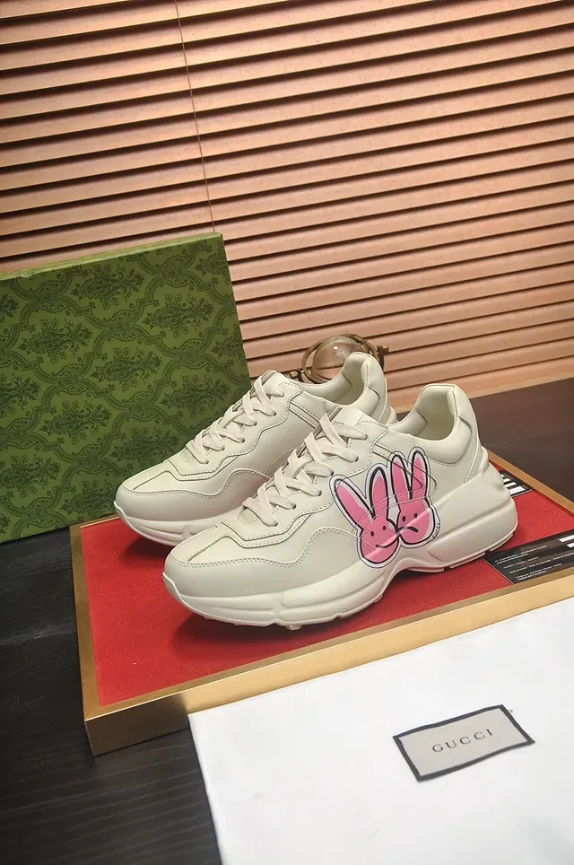 Gucci Beige Pink Leather Upper Oversized Rabbit Graphic Chunky Sneakers 3