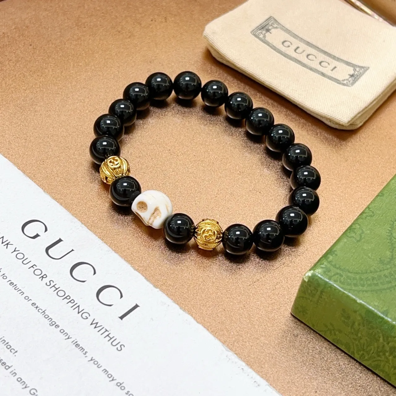 Gucci Black Gold Beaded Skull Motif Bracelet 2