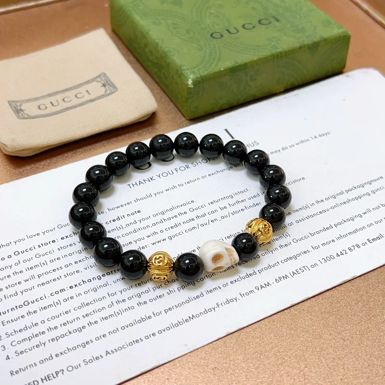Gucci Black Gold Beaded Skull Motif Bracelet 3