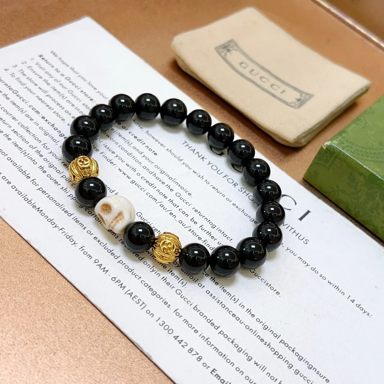 Gucci Black Gold Beaded Skull Motif Bracelet 5