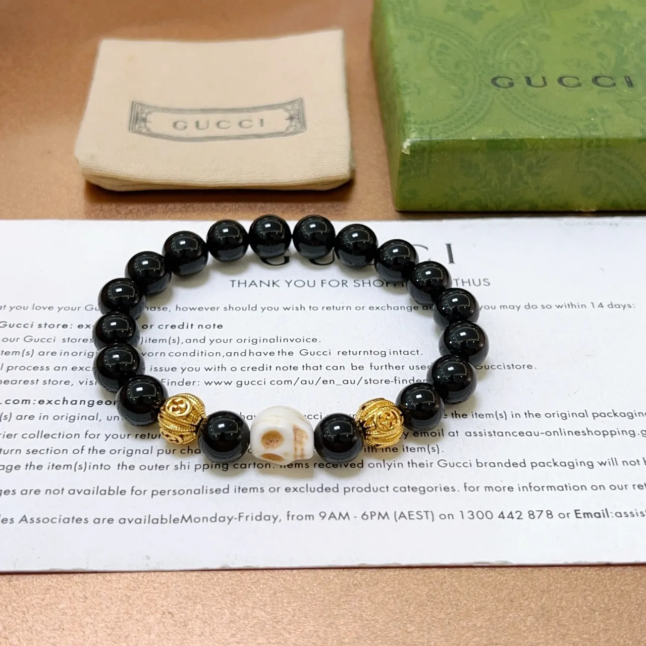 Gucci Black Gold Beaded Skull Motif Bracelet 6