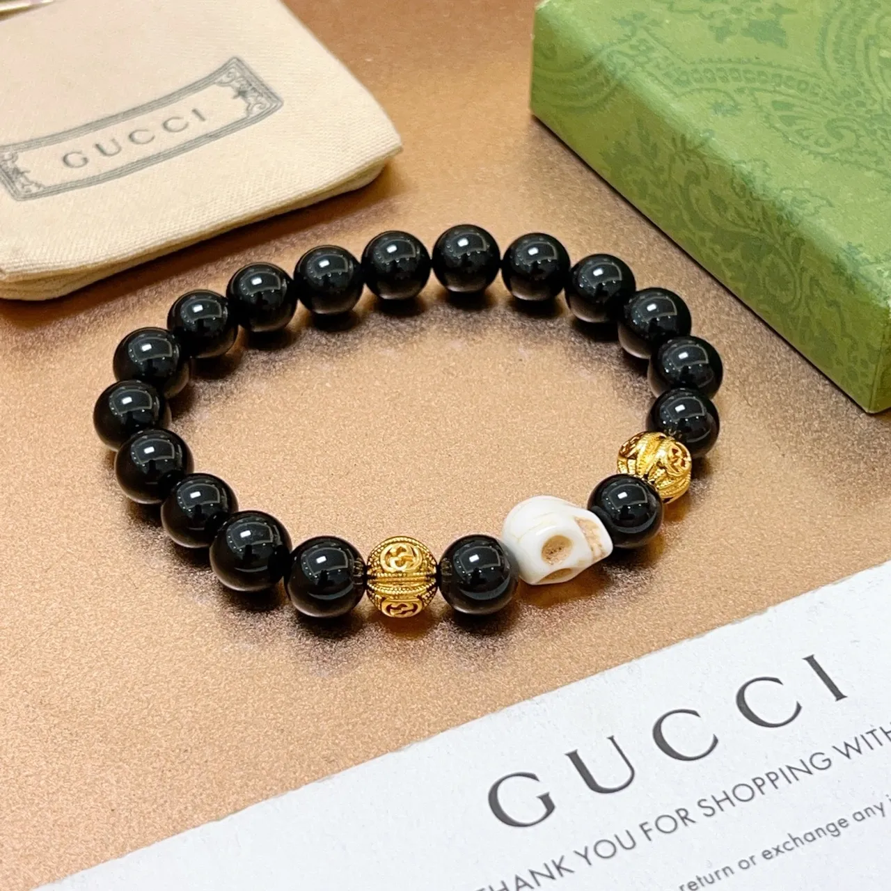 Gucci Black Gold Beaded Skull Motif Bracelet 9