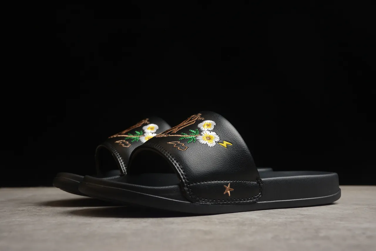 Gucci Black Gold Embroidered Floral Leather Strap Slippers 13