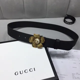 Gucci Black Gold Floral Buckle Hardware Leather Belt