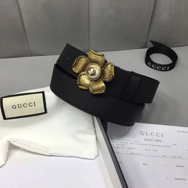 Gucci Black Gold Floral Buckle Hardware Leather Belt 2