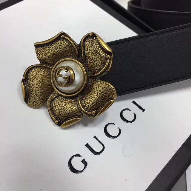 Gucci Black Gold Floral Buckle Hardware Leather Belt 3
