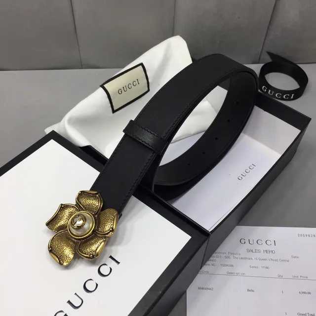 Gucci Black Gold Floral Buckle Hardware Leather Belt 4