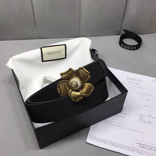 Gucci Black Gold Floral Buckle Hardware Leather Belt 5