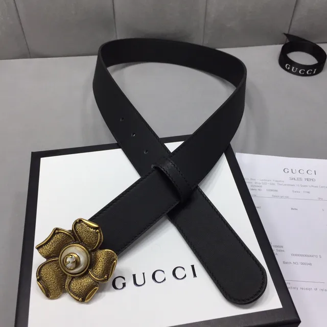 Gucci Black Gold Floral Buckle Hardware Leather Belt 6
