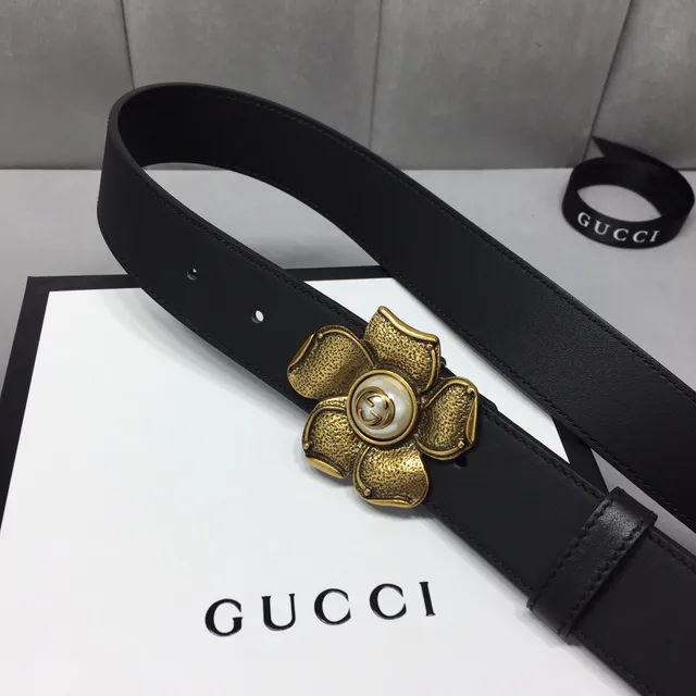 Gucci Black Gold Floral Buckle Hardware Leather Belt 9