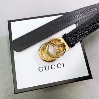Gucci কালো সোনা Interlocking G বাকল ডুয়াল-টেক্সচার লেদার বেল্ট