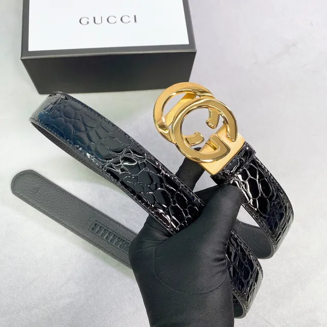 Gucci Black Gold Interlocking G Buckle Dual-Texture Leather Belt 2
