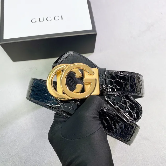 Gucci Black Gold Interlocking G Buckle Dual-Texture Leather Belt 3