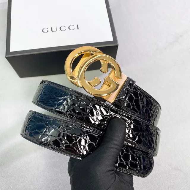 Gucci Black Gold Interlocking G Buckle Dual-Texture Leather Belt 4