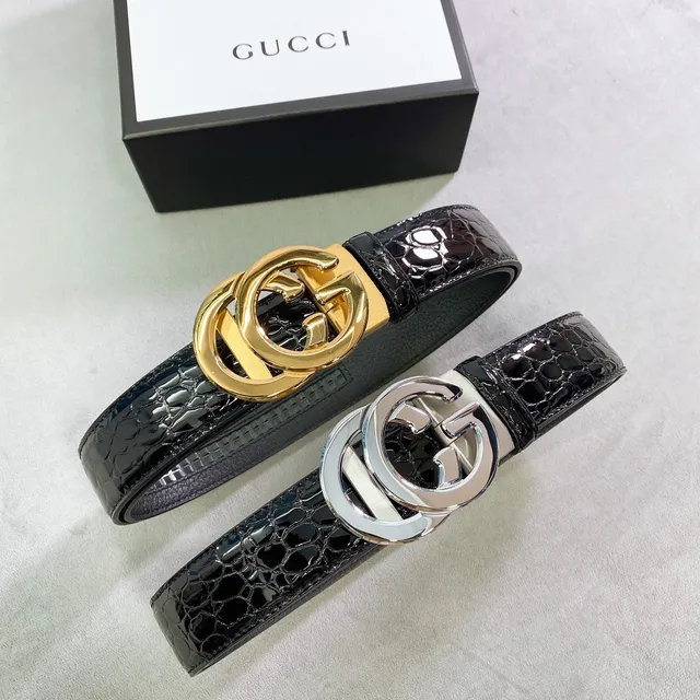 Gucci Black Gold Interlocking G Buckle Dual-Texture Leather Belt 5
