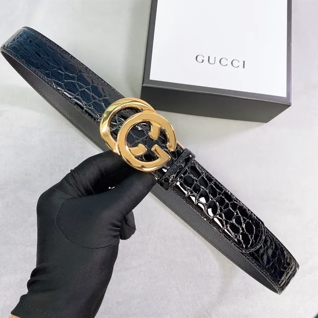 Gucci Black Gold Interlocking G Buckle Dual-Texture Leather Belt 6