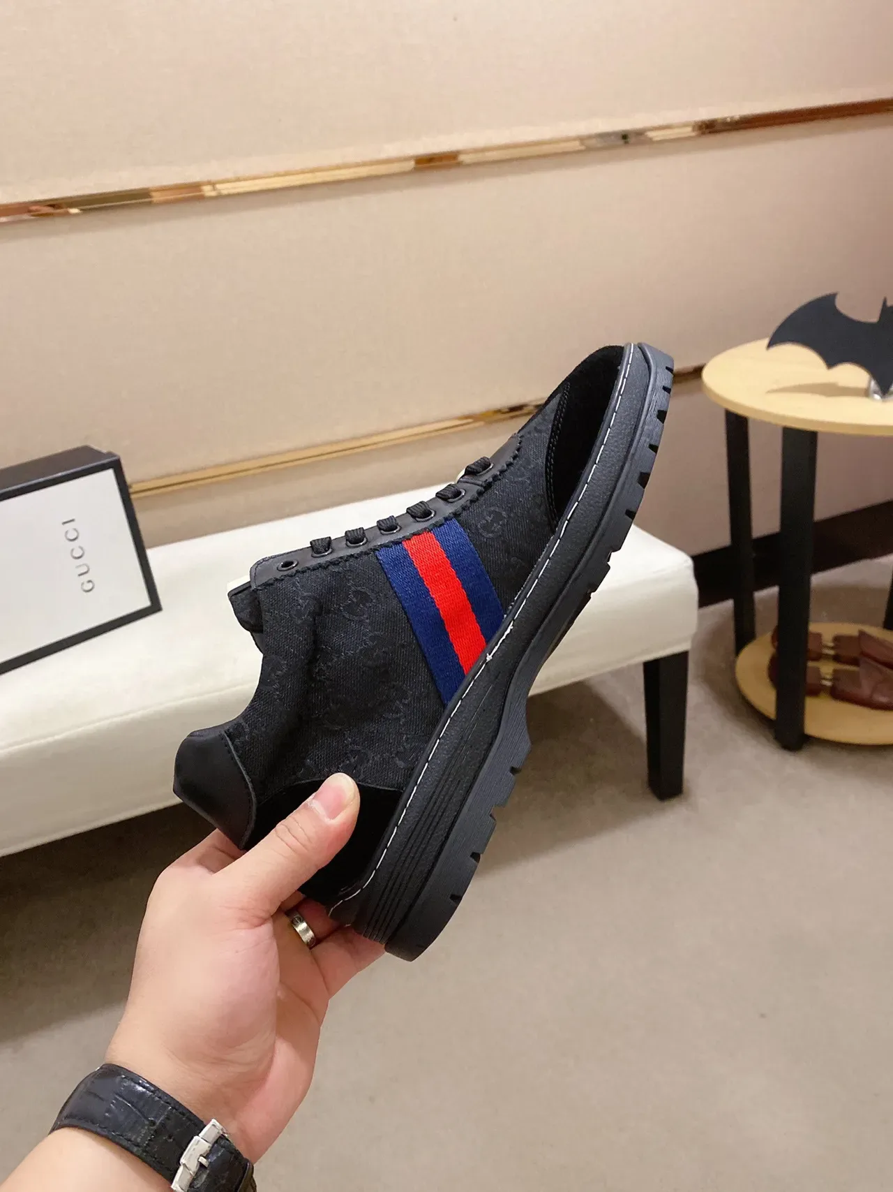 Gucci Black Red Mixed-Material Upper Web Stripe Accent Lifestyle Sneakers 6