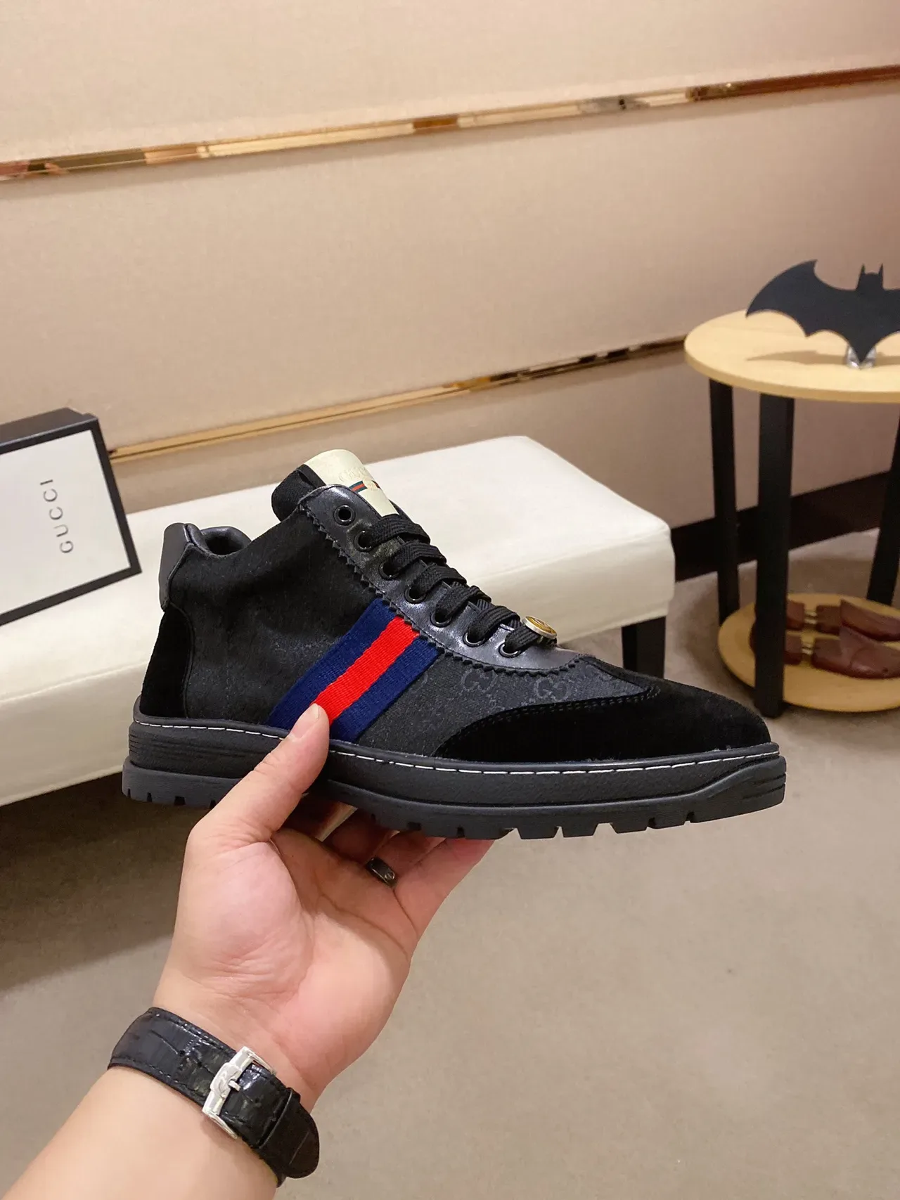 Gucci Black Red Mixed-Material Upper Web Stripe Accent Lifestyle Sneakers 7