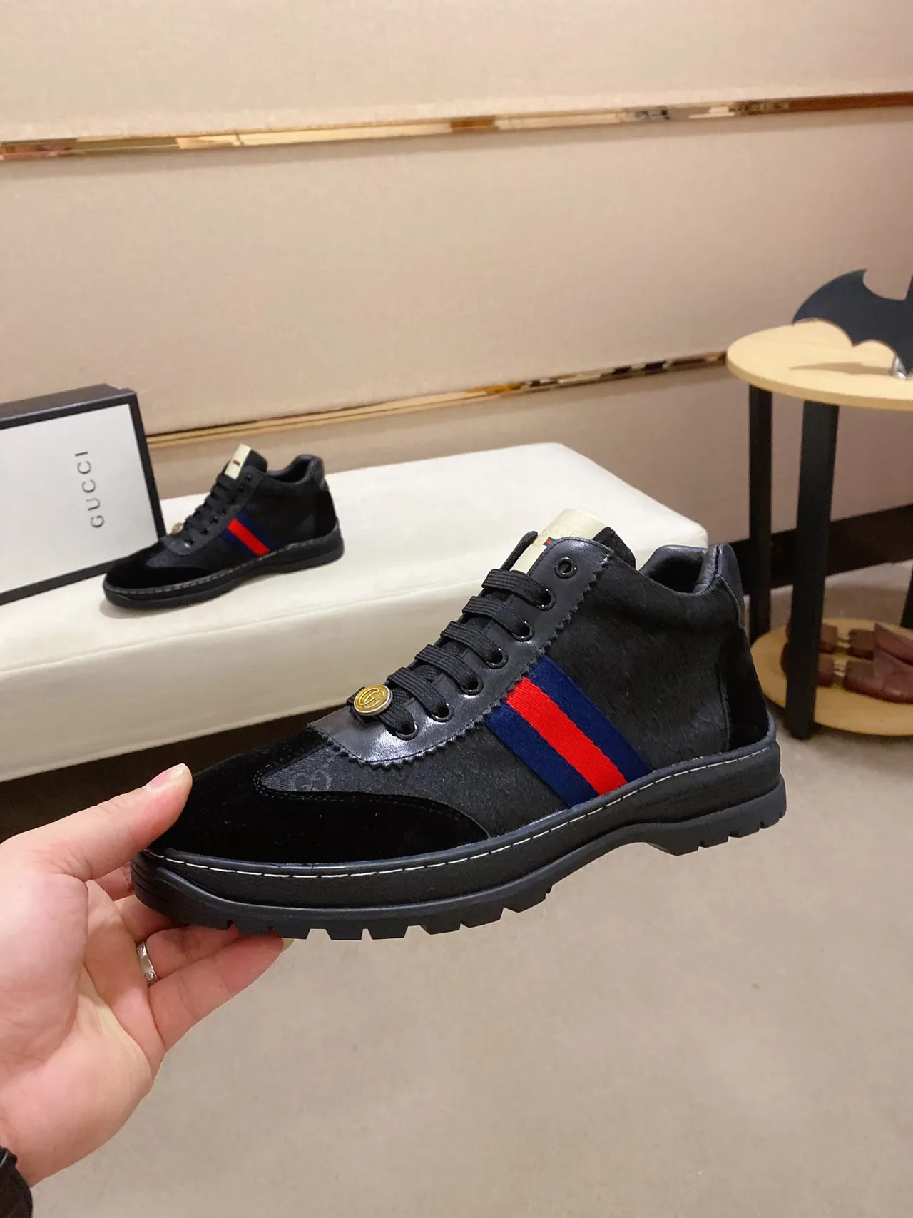 Gucci Black Red Mixed-Material Upper Web Stripe Accent Lifestyle Sneakers 8