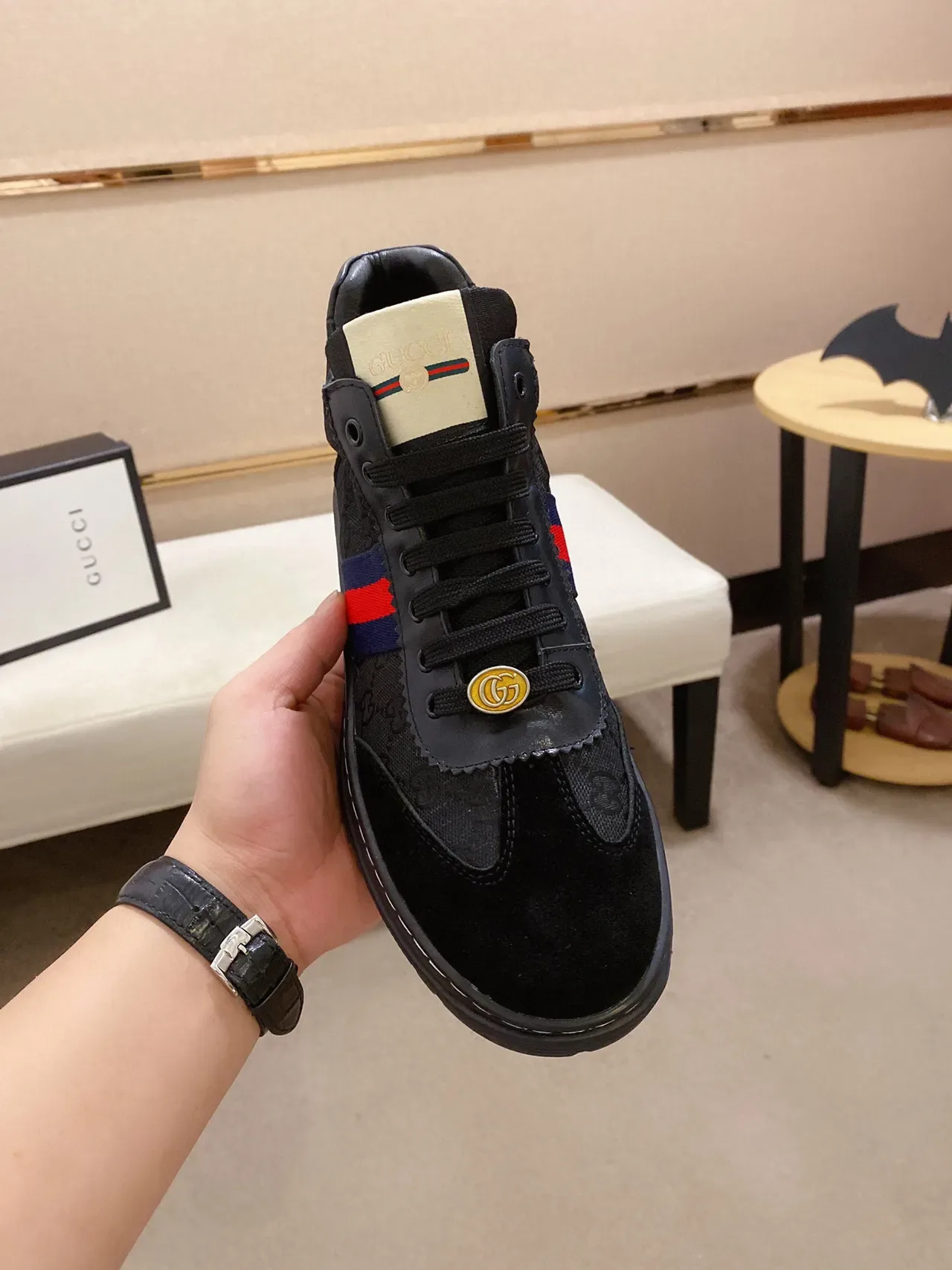 Gucci Black Red Mixed-Material Upper Web Stripe Accent Lifestyle Sneakers 9