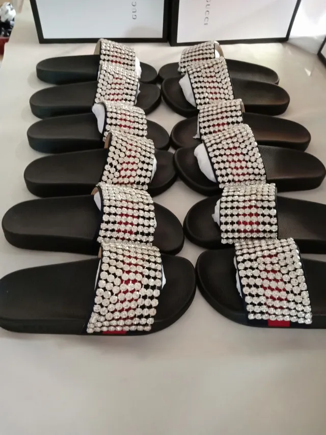 Gucci Black Red Rhinestone-Embellished Web Stripe Slippers 2