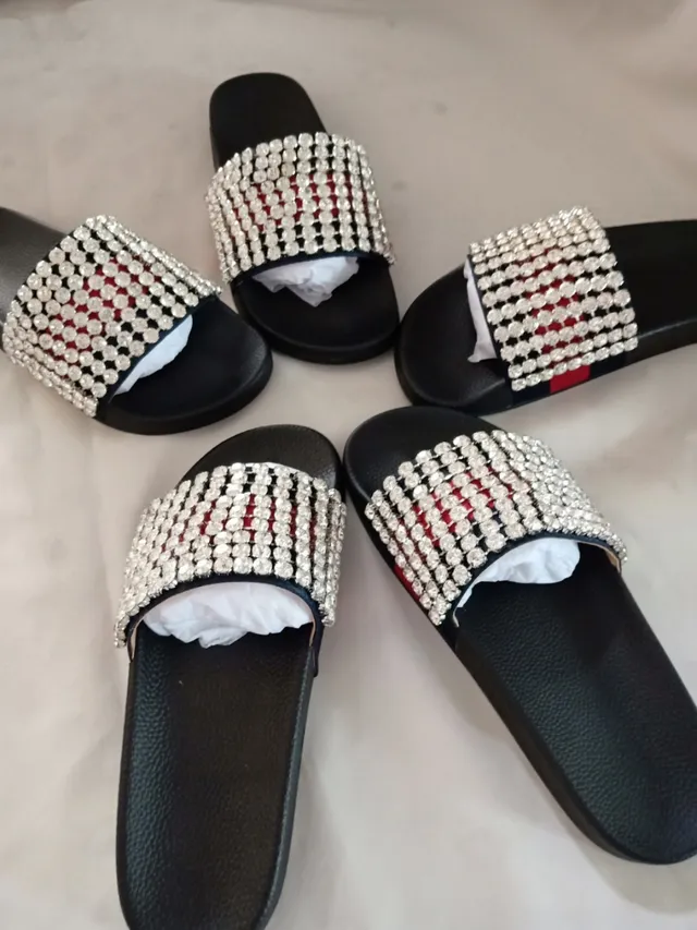 Gucci Black Red Rhinestone-Embellished Web Stripe Slippers 3