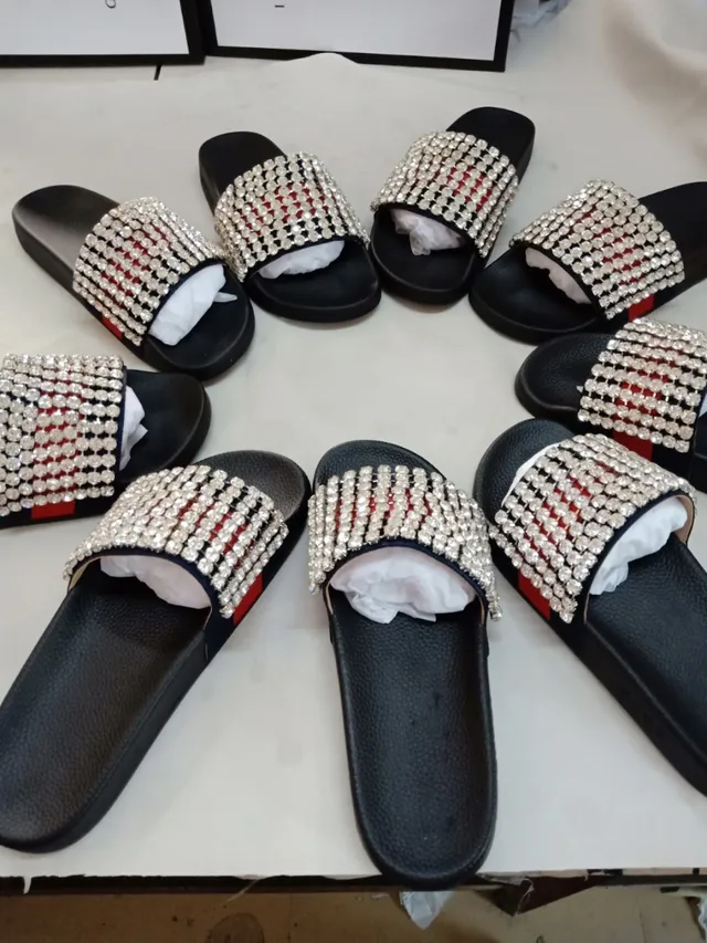 Gucci Black Red Rhinestone-Embellished Web Stripe Slippers 4