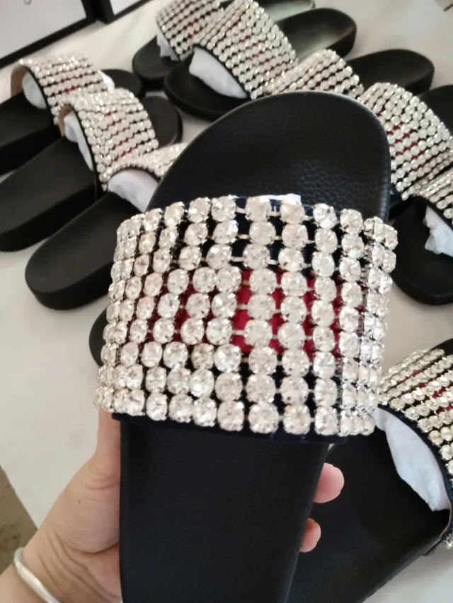 Gucci Black Red Rhinestone-Embellished Web Stripe Slippers 5