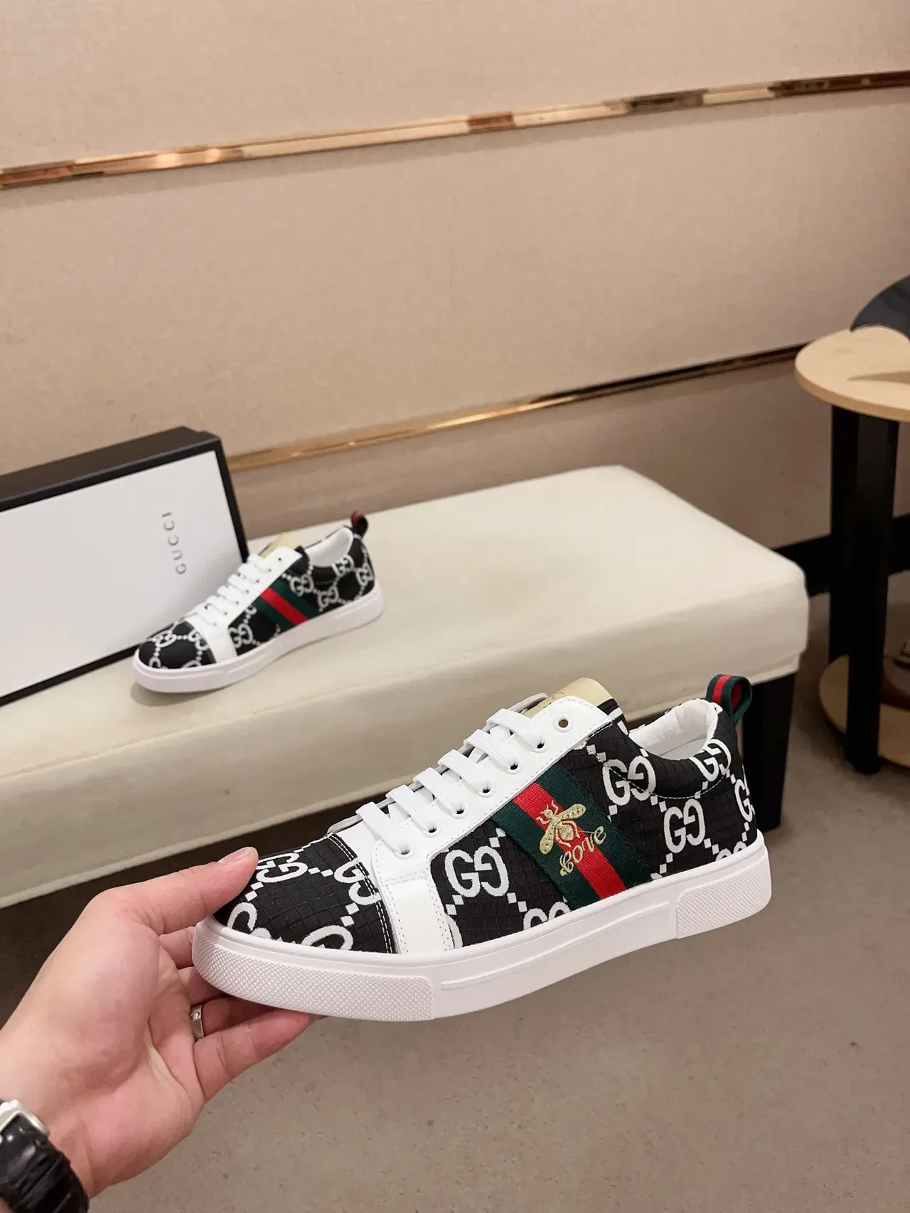 Gucci Black White Monogram Canvas Web Stripe Lifestyle Sneakers 3