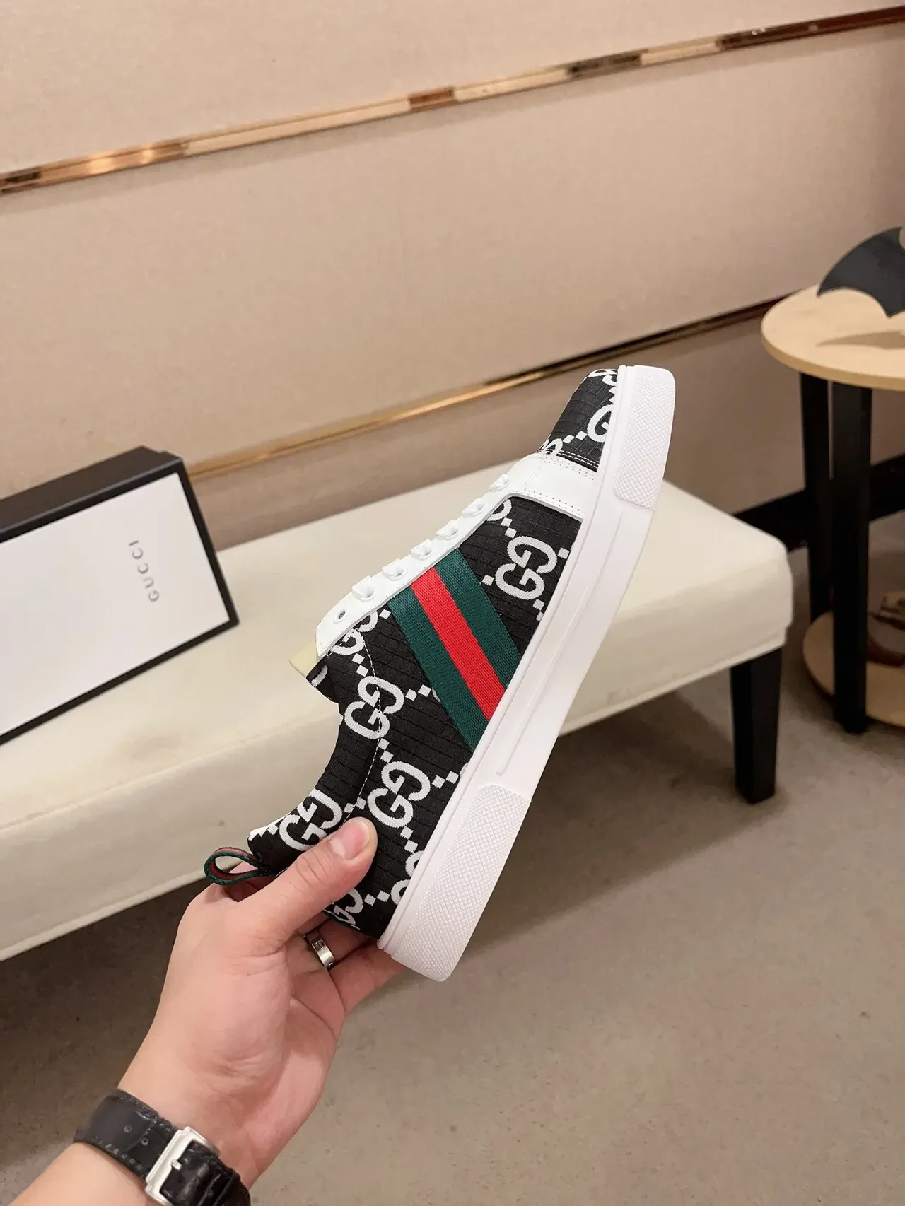 Gucci Black White Monogram Canvas Web Stripe Lifestyle Sneakers 5