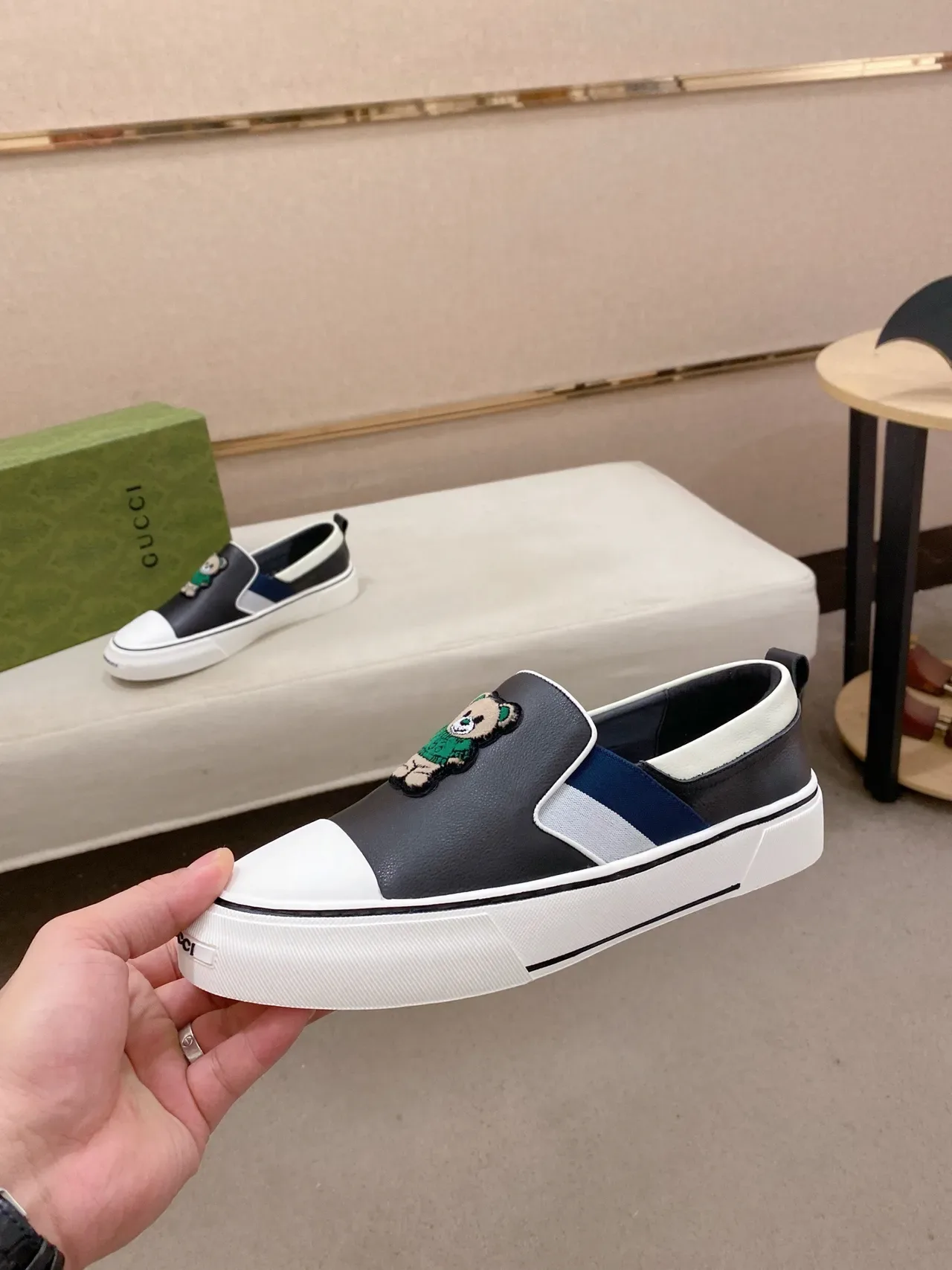 Gucci Black White Slip-On Construction Color-Blocked Side Panel Lifestyle Sneakers 3