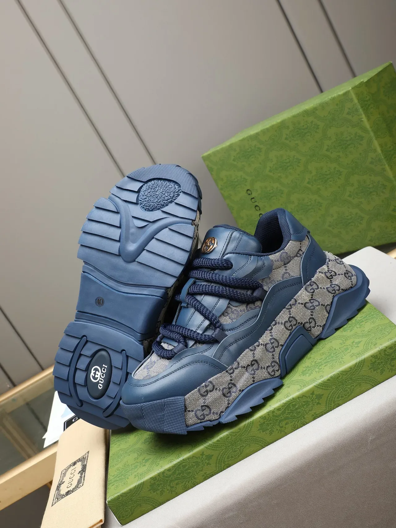 Gucci Blue Beige Sole GG Monogram Canvas Chunky Sneakers 4
