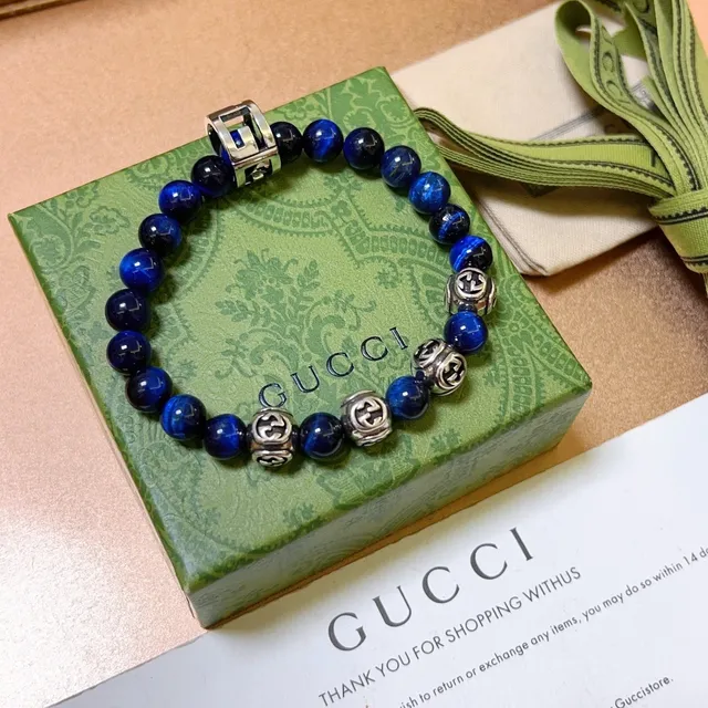 Gucci Blue Silver Beaded Stone-and-Metal Bracelet 2
