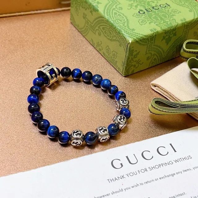 Gucci Blue Silver Beaded Stone-and-Metal Bracelet 3