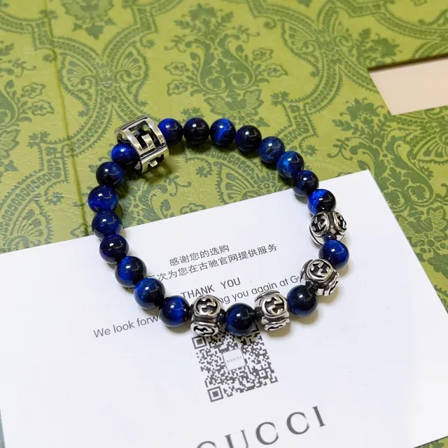 Gucci Blue Silver Beaded Stone-and-Metal Bracelet 5