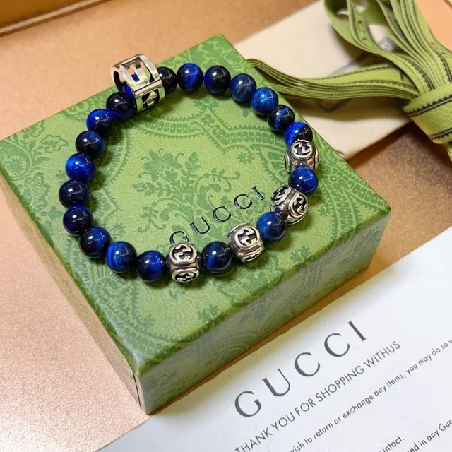 Gucci Blue Silver Beaded Stone-and-Metal Bracelet 6