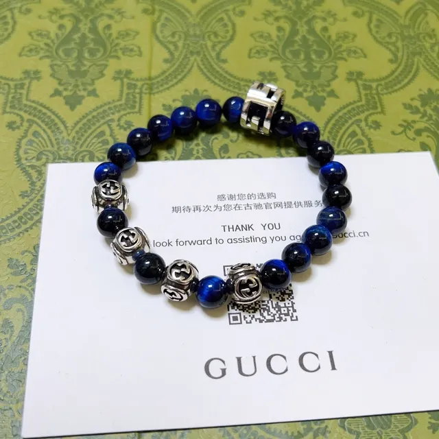 Gucci Blue Silver Beaded Stone-and-Metal Bracelet 9