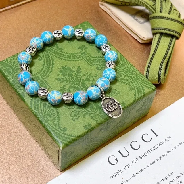 Gucci Pulseira de Contas Azul Prata Elástica com Efeito de Pedra Turquesa 2