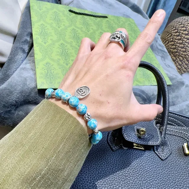 Gucci Pulseira de Contas Azul Prata Elástica com Efeito de Pedra Turquesa 3