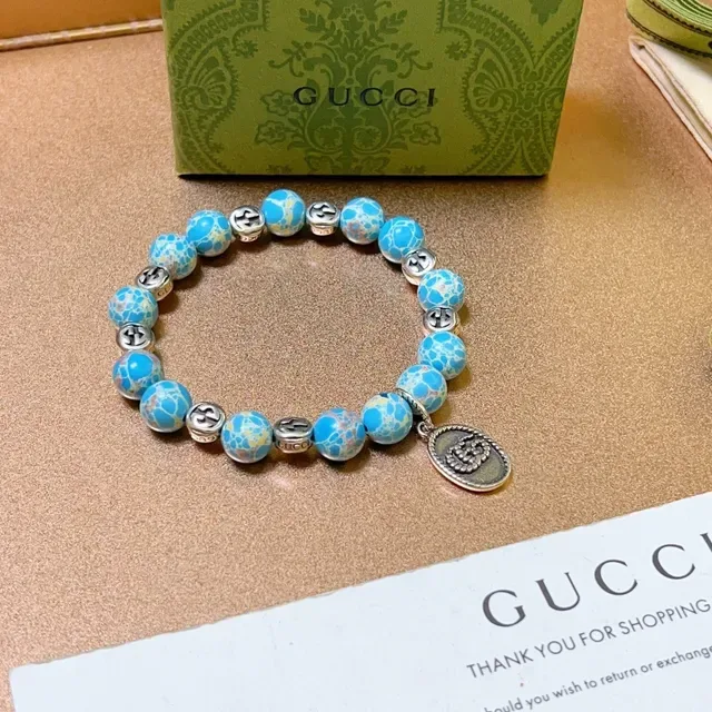 Gucci Pulseira de Contas Azul Prata Elástica com Efeito de Pedra Turquesa 4