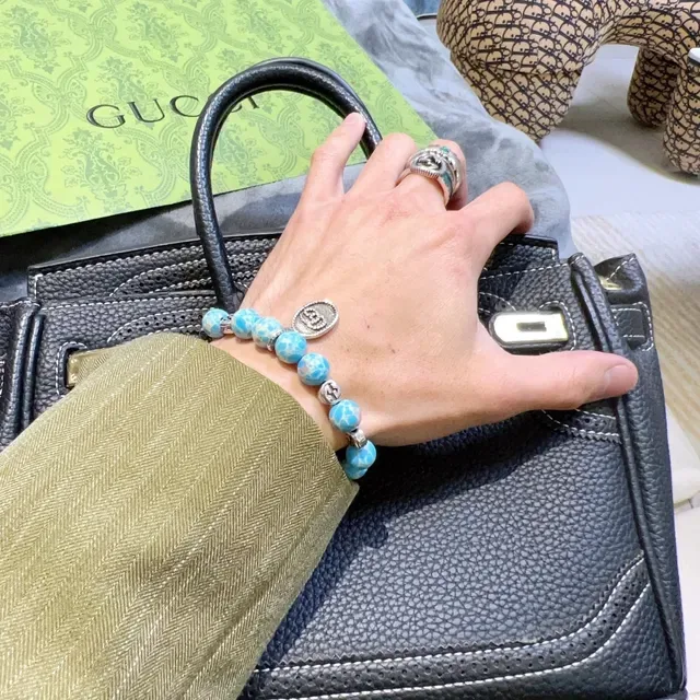 Gucci Pulseira de Contas Azul Prata Elástica com Efeito de Pedra Turquesa 5