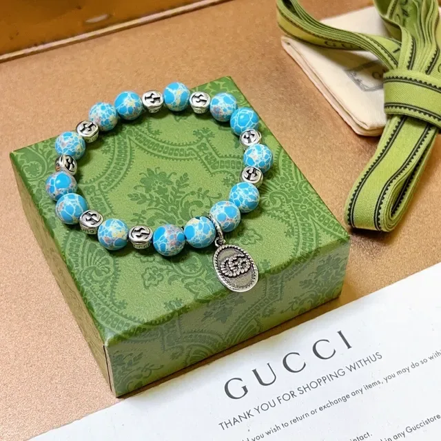 Gucci Pulseira de Contas Azul Prata Elástica com Efeito de Pedra Turquesa 6