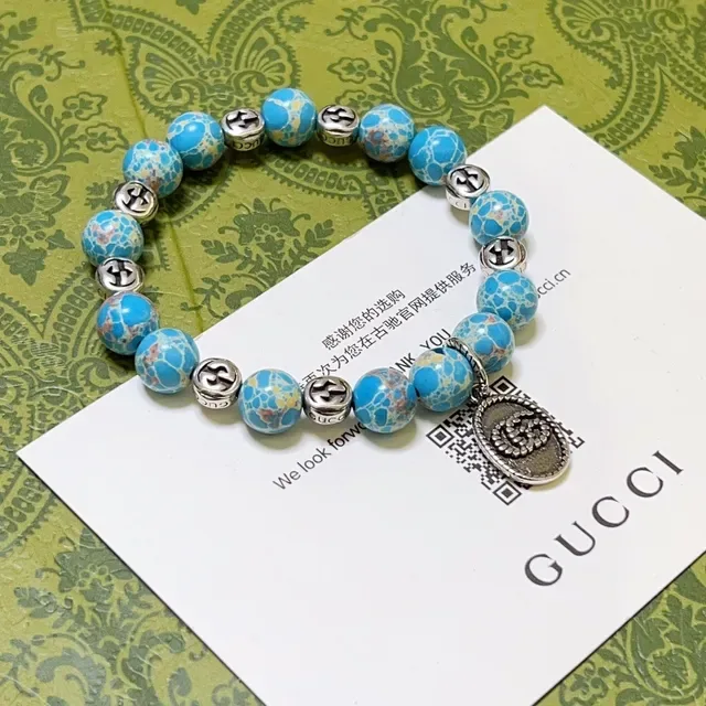 Gucci Pulseira de Contas Azul Prata Elástica com Efeito de Pedra Turquesa 7