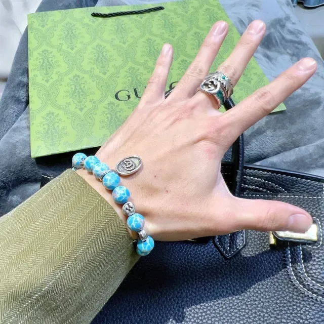 Gucci Pulseira de Contas Azul Prata Elástica com Efeito de Pedra Turquesa 8