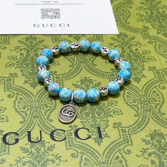 Gucci Pulseira de Contas Azul Prata Elástica com Efeito de Pedra Turquesa 9